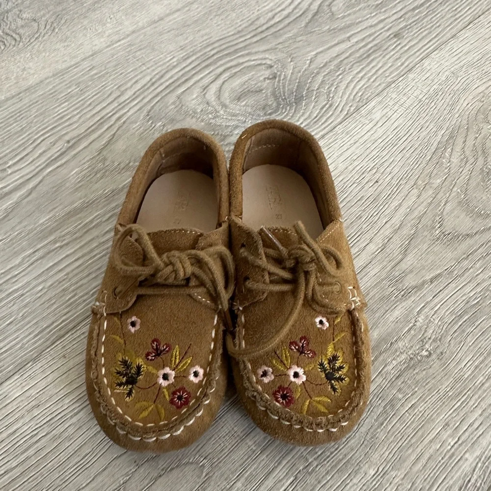 Zara Tan Kids Moccasins with Floral Embroidery